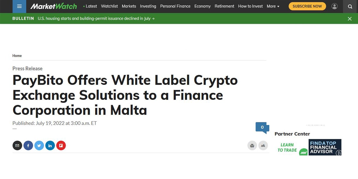 Paybito Offers White Label Crypto Exchange Solutions to a Finance Corporation in Malta