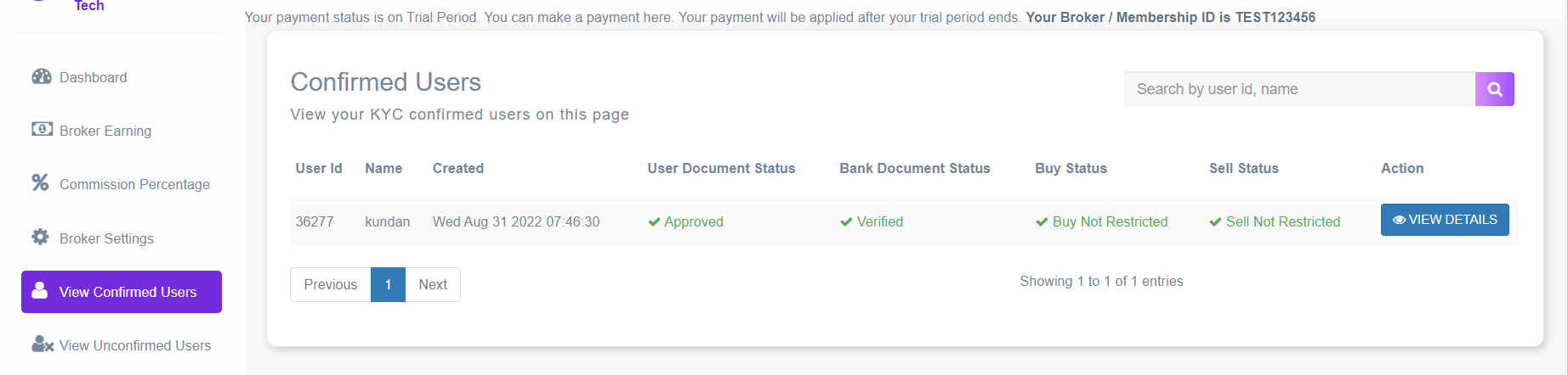 Broker Admin Confirmed Users Page