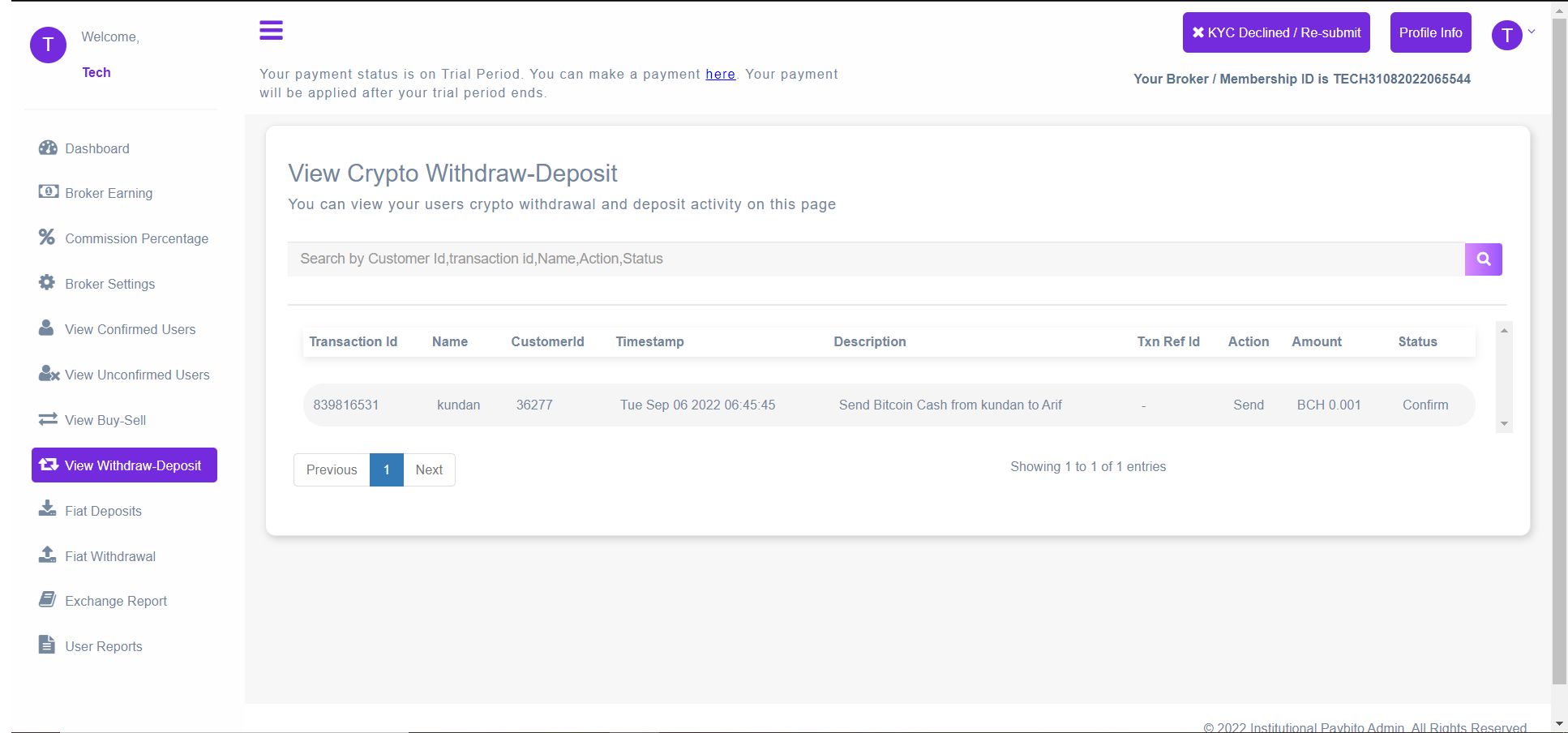 Broker Admin Withdrawal Deposit Page