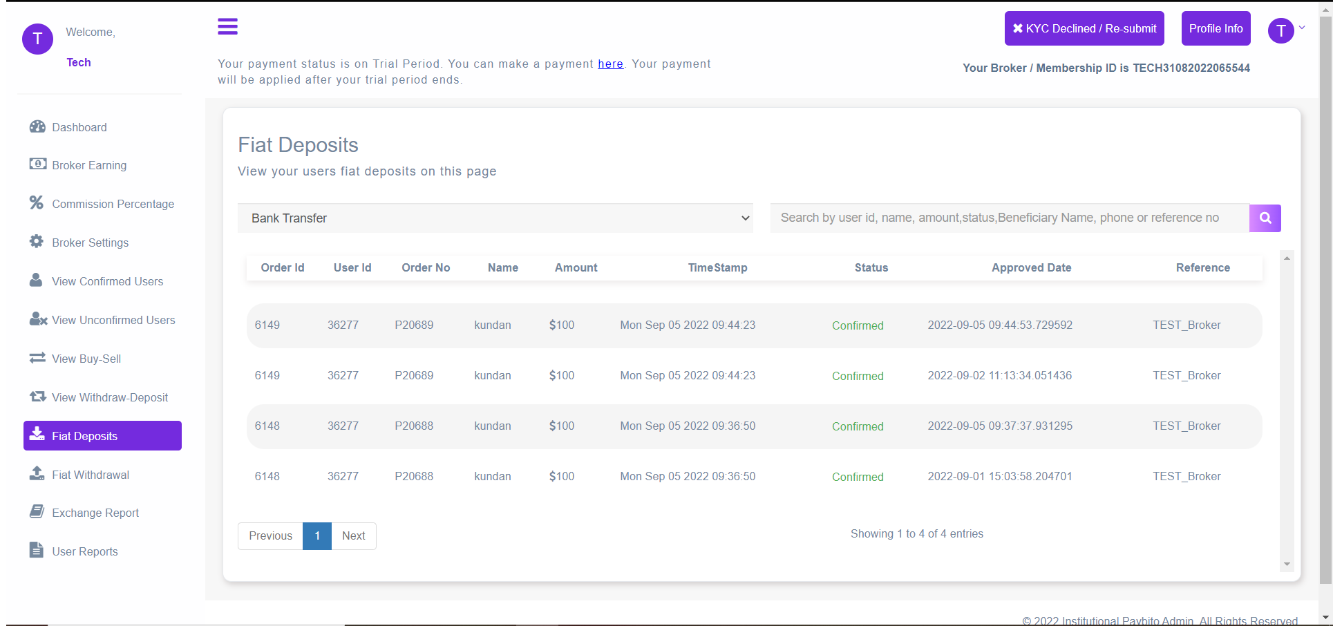 Broker Admin Fiat Deposits Page