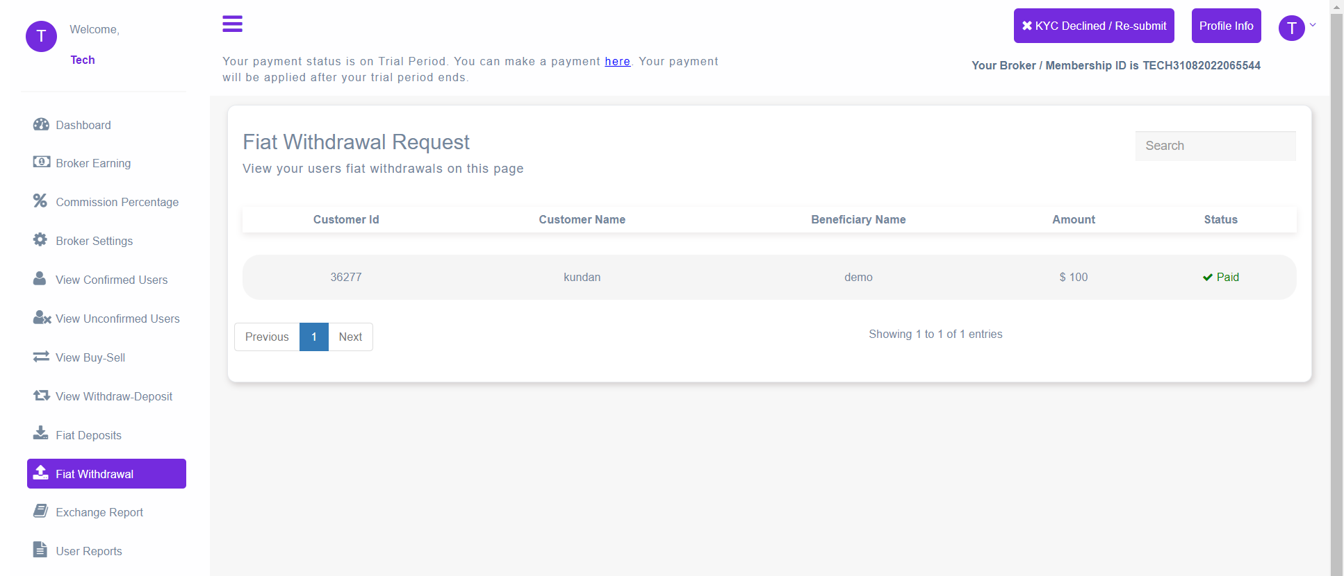 Broker Admin Fiat Withdrawal Page