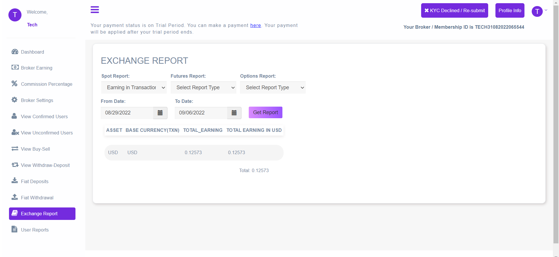 Broker Admin Exchange Report Page