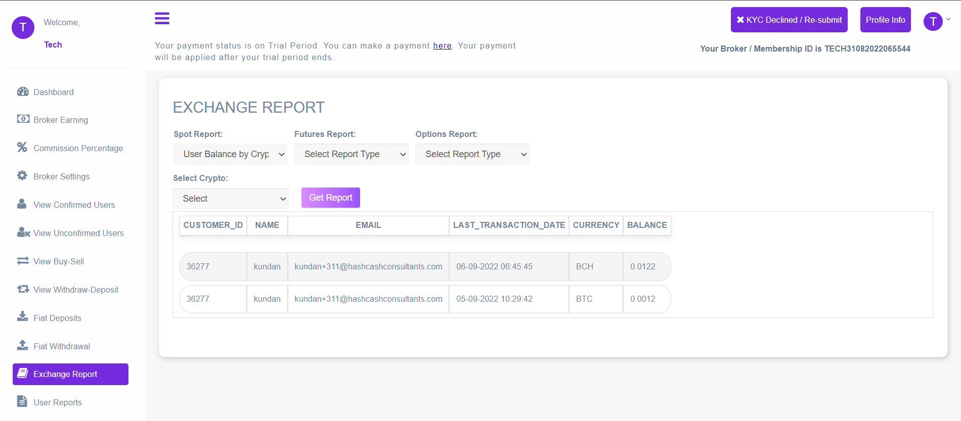 Broker Admin User Balance by Crypto Assets Page
