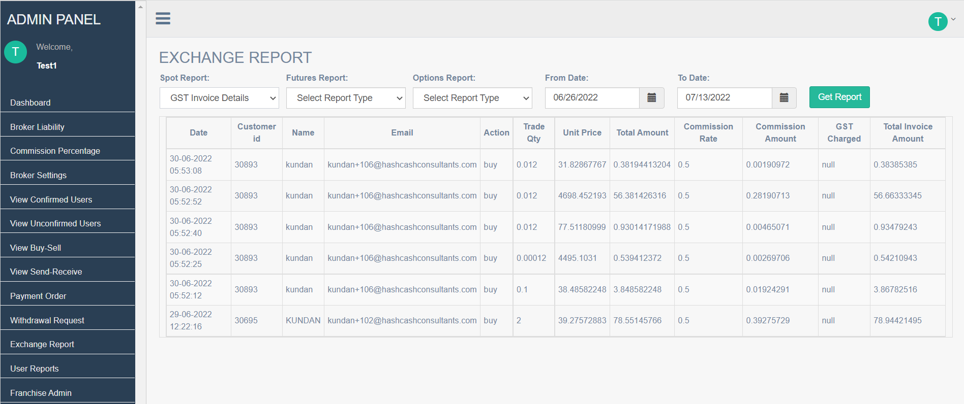 Broker Admin GST Invoice Details Page