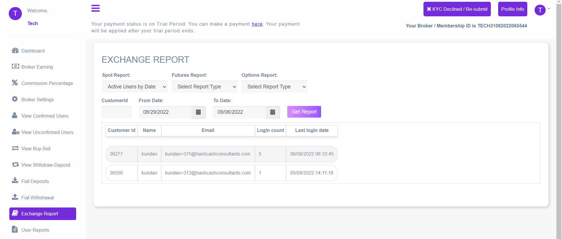 Broker Admin Active User By Date Page