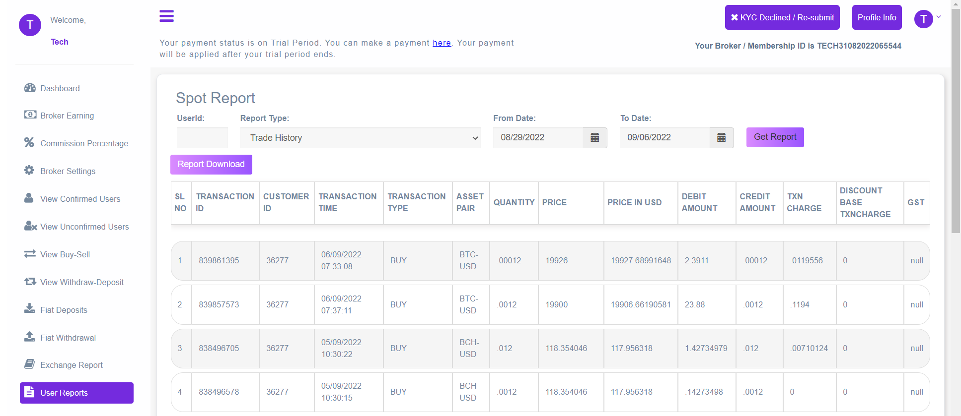 Broker Admin Trade History Page