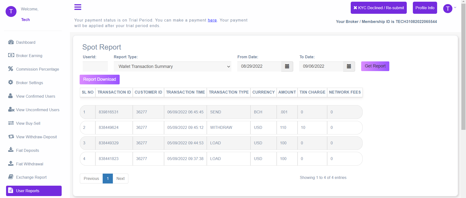 Broker Admin Wallet Transaction Summary Page
