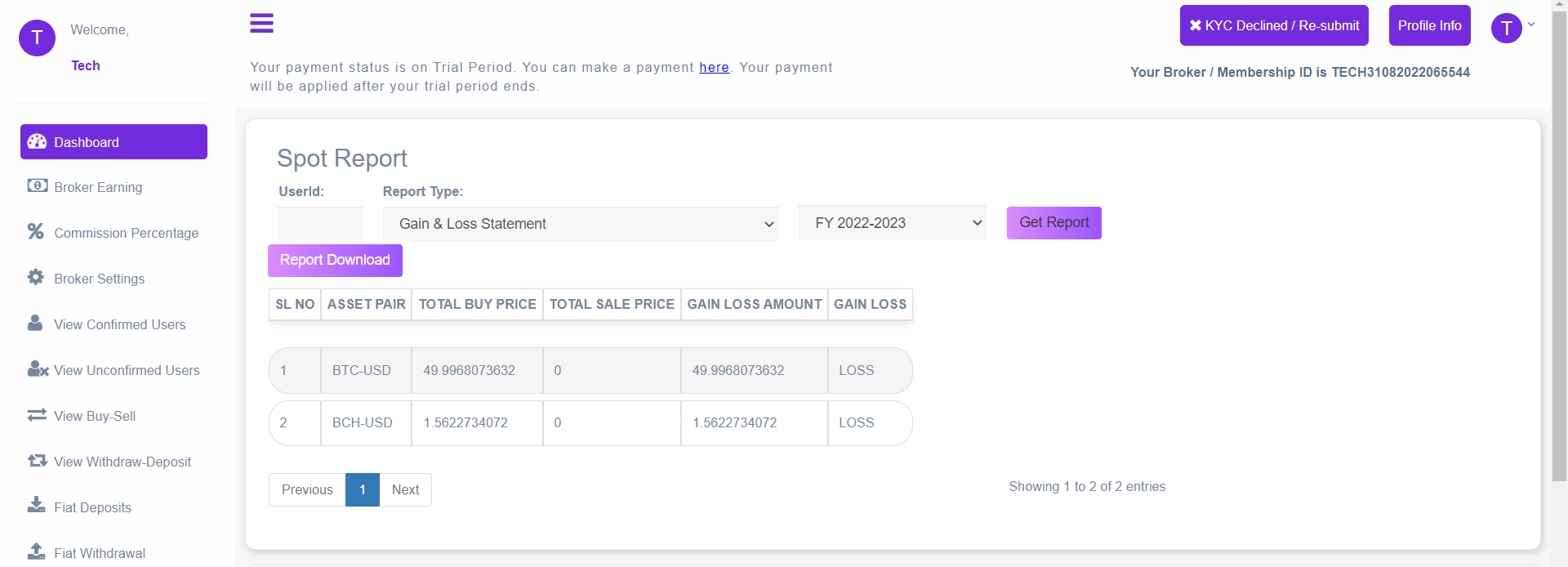 Broker Admin Gain and Loss Statement Page