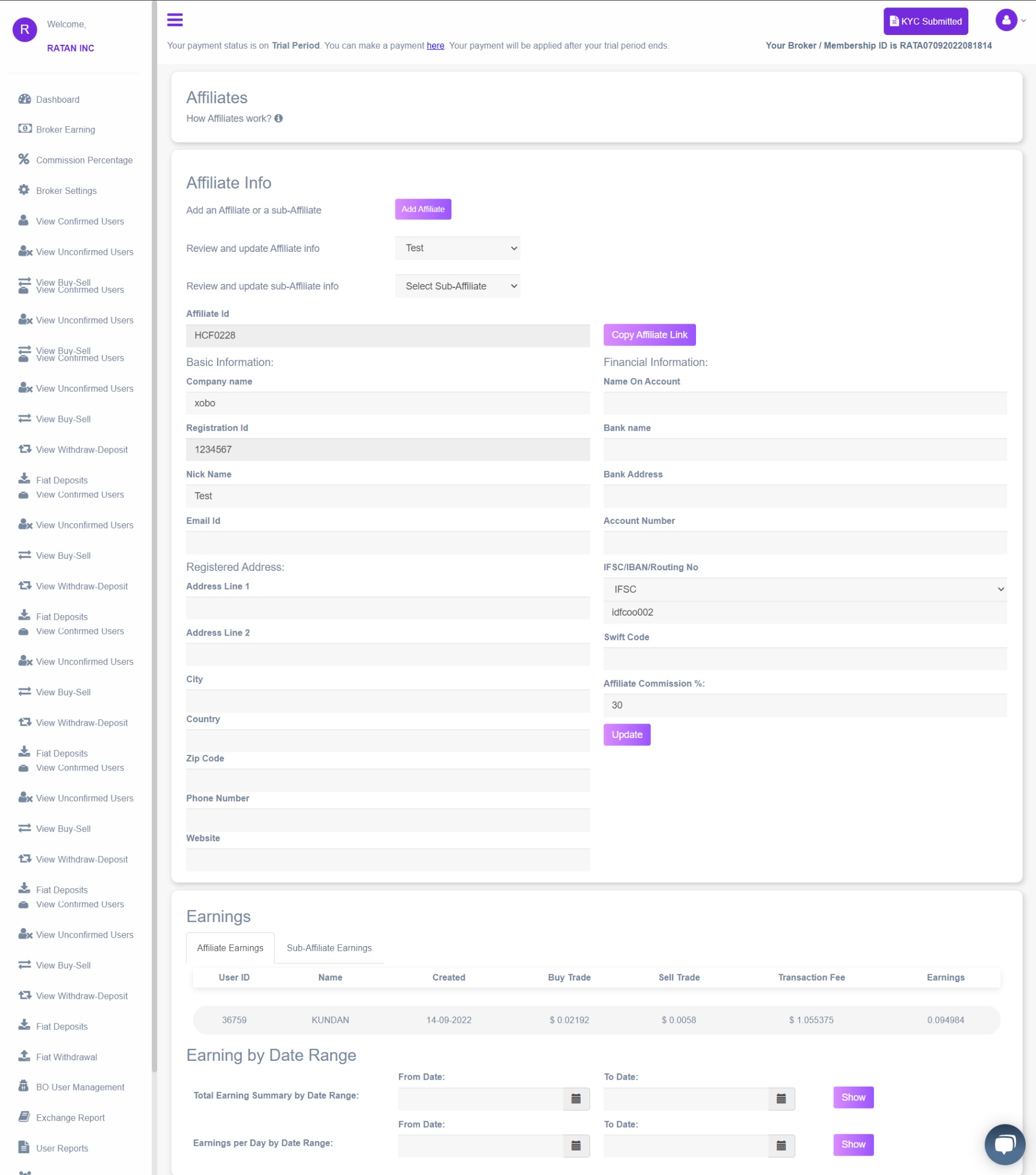 Broker Admin Affiliates Page