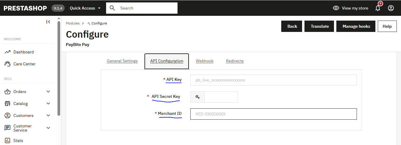 API Configuration — PrestaShop Module Manager