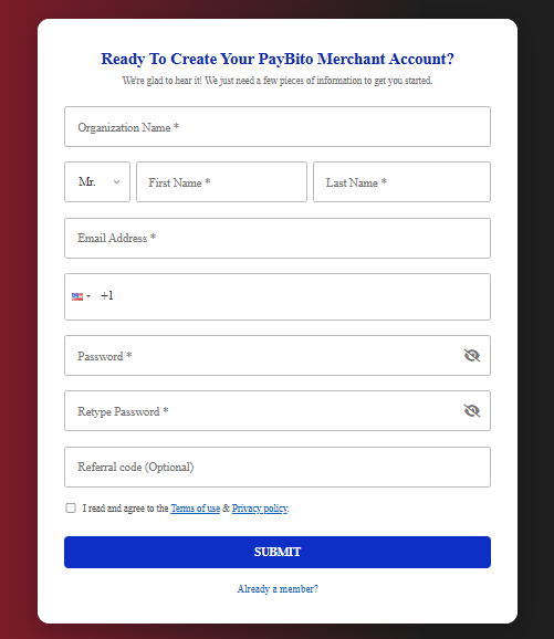PayBito Business Registration Page