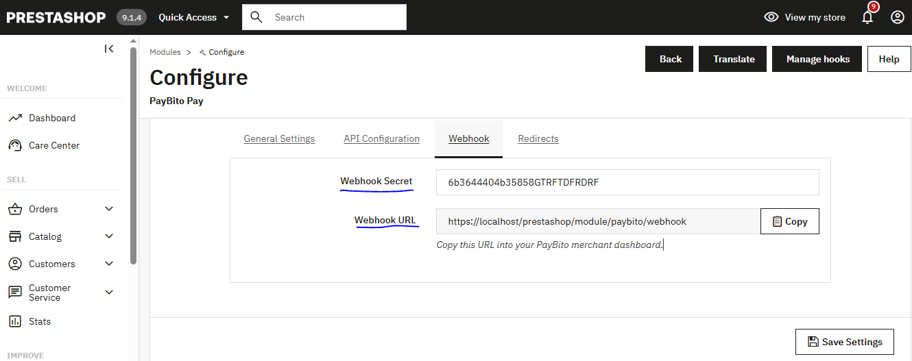 Webhook Settings — PrestaShop Module Manager