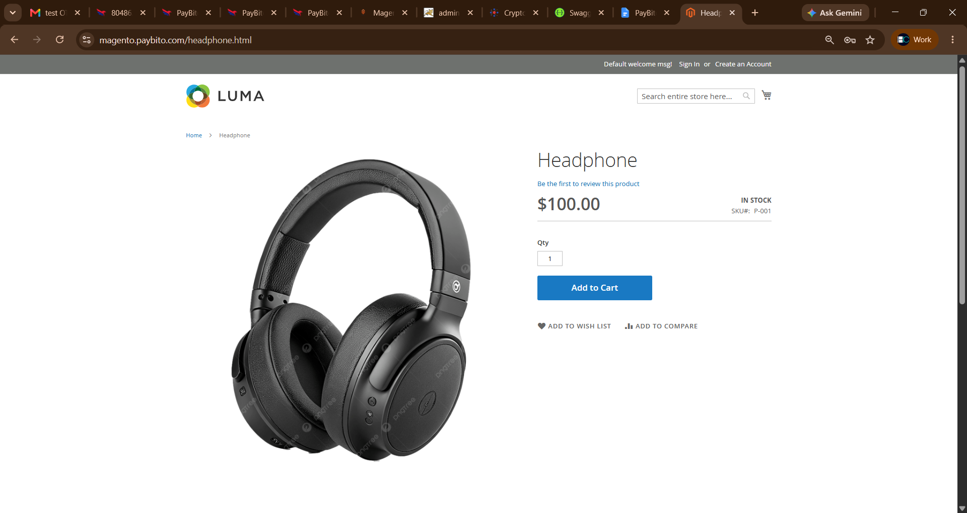 Magento 2 storefront product detail page on Luma theme with Add to Cart button