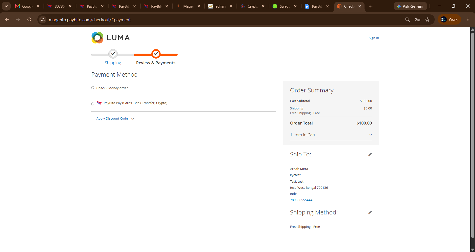Magento 2 Review & Payments checkout screen with PayBito Pay payment method