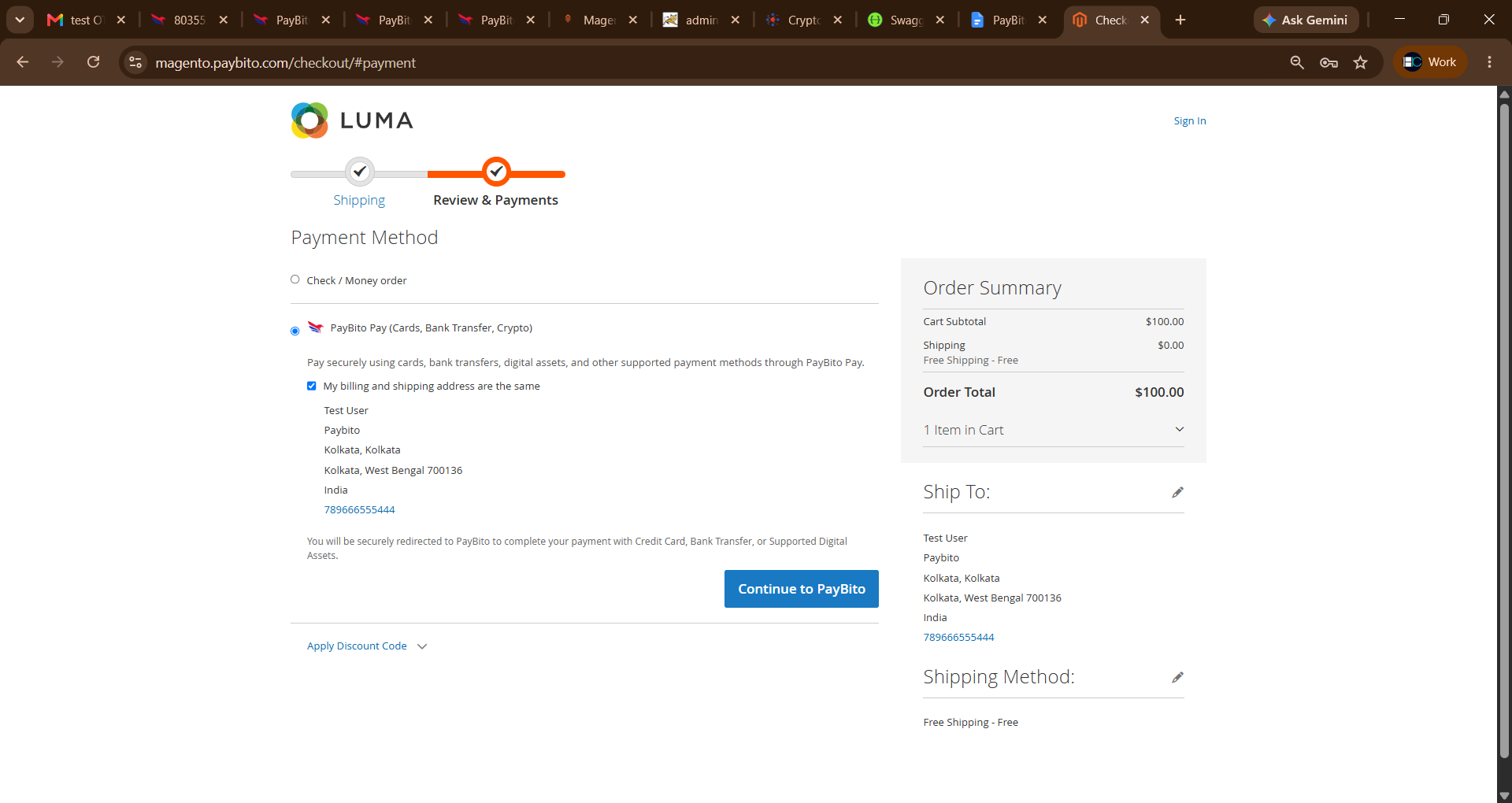 Magento 2 checkout with PayBito Pay selected and Continue to PayBito button