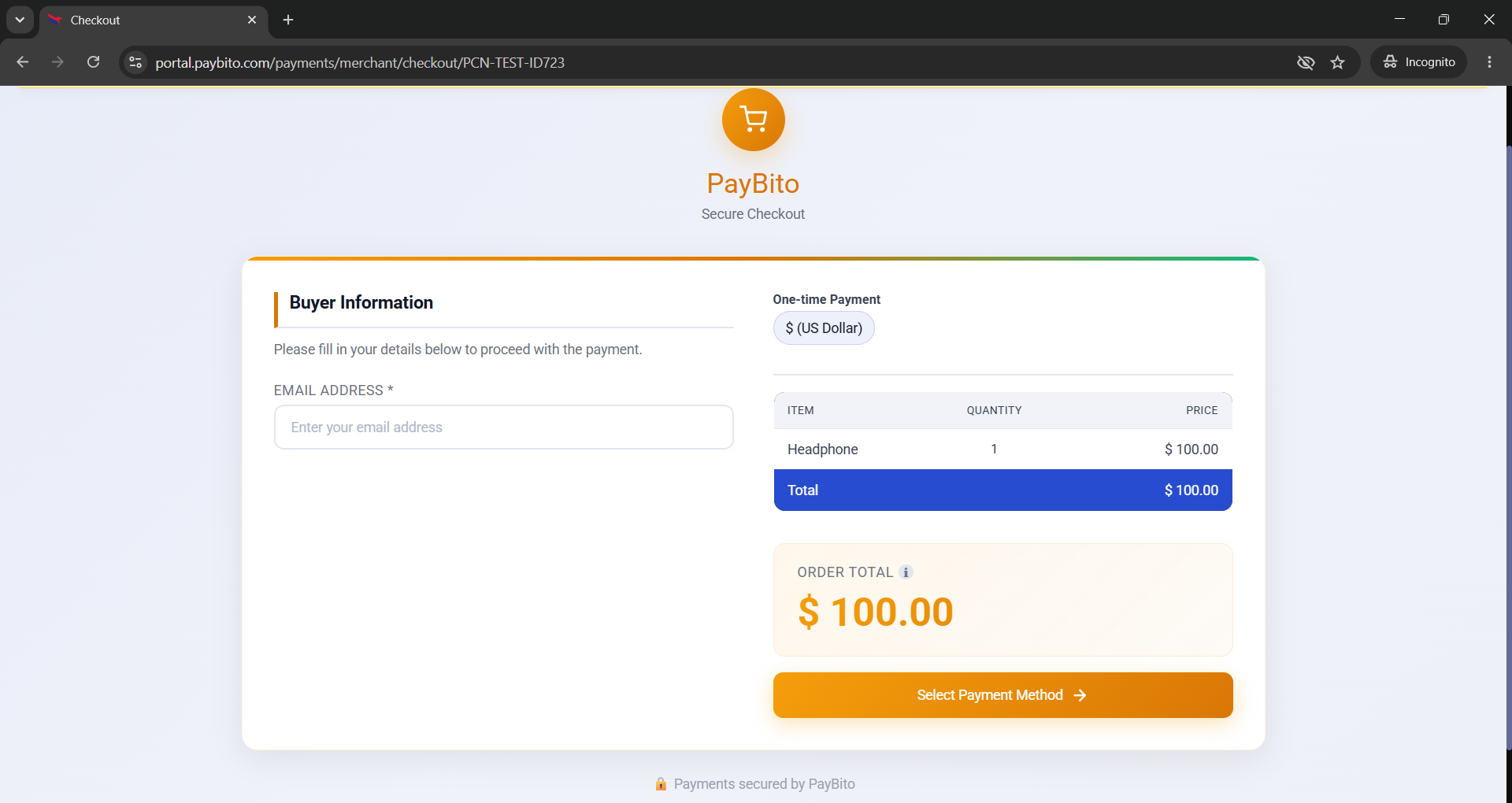 PayBito Secure Hosted Checkout interface with Buyer Information and Order Total