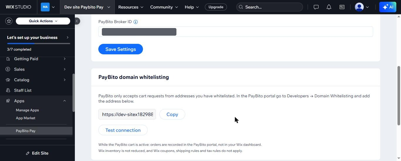 PayBito domain whitelisting card in the Wix panel with the site address, Copy button and Test connection button