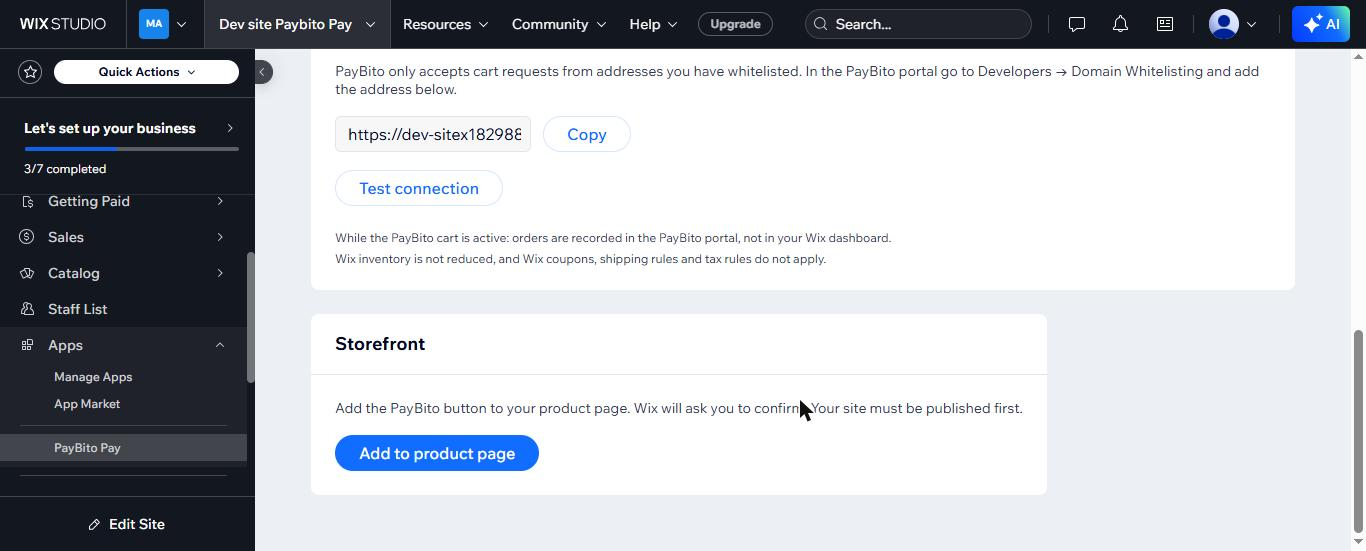 Storefront card at the bottom of the PayBito Pay panel with the Add to product page button