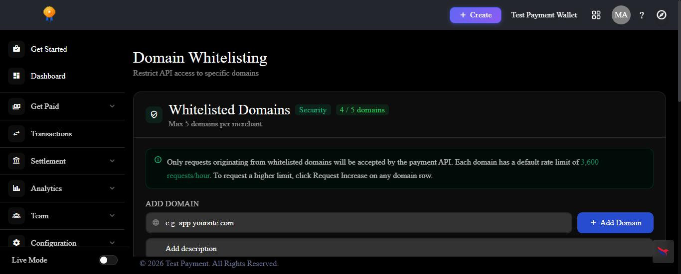 PayBito console Domain Whitelisting screen with the Add Domain field