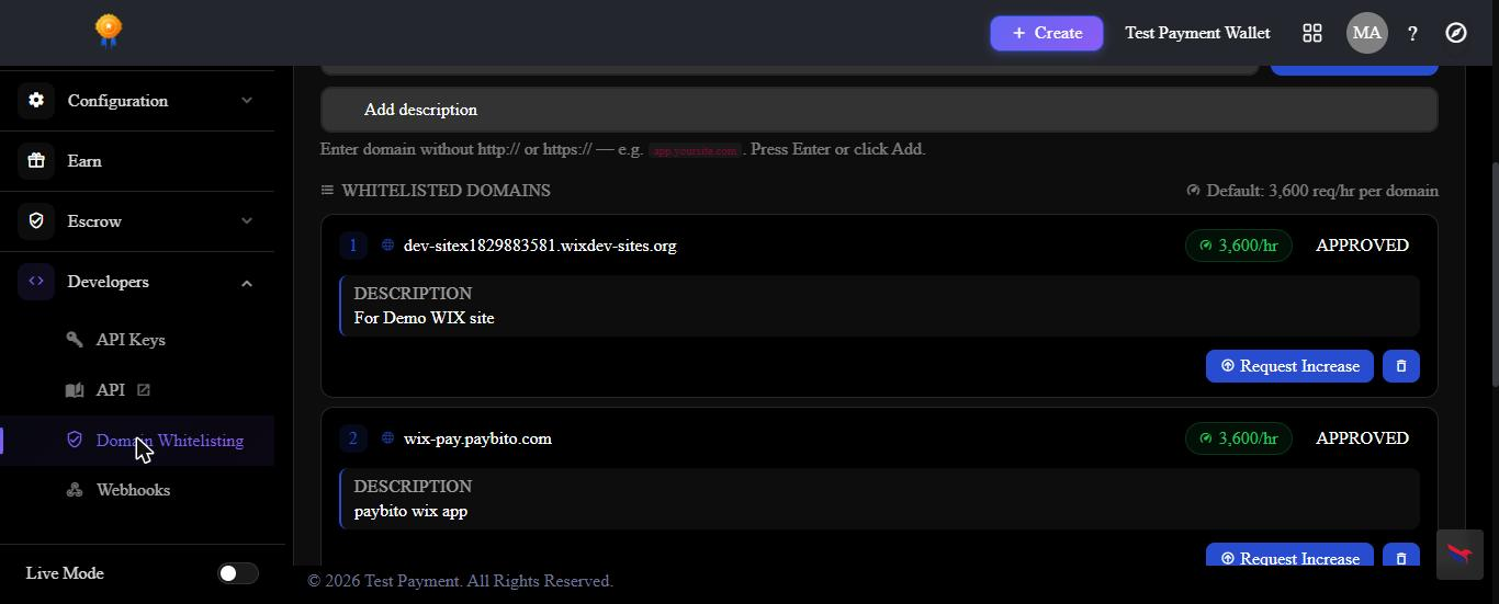 Whitelisted Domains list showing an approved Wix site alongside the Developers sidebar menu