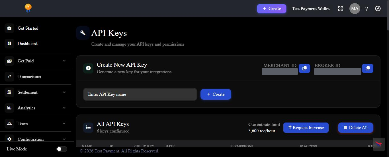 PayBito console API Keys screen showing Create New API Key alongside the Merchant ID and Broker ID