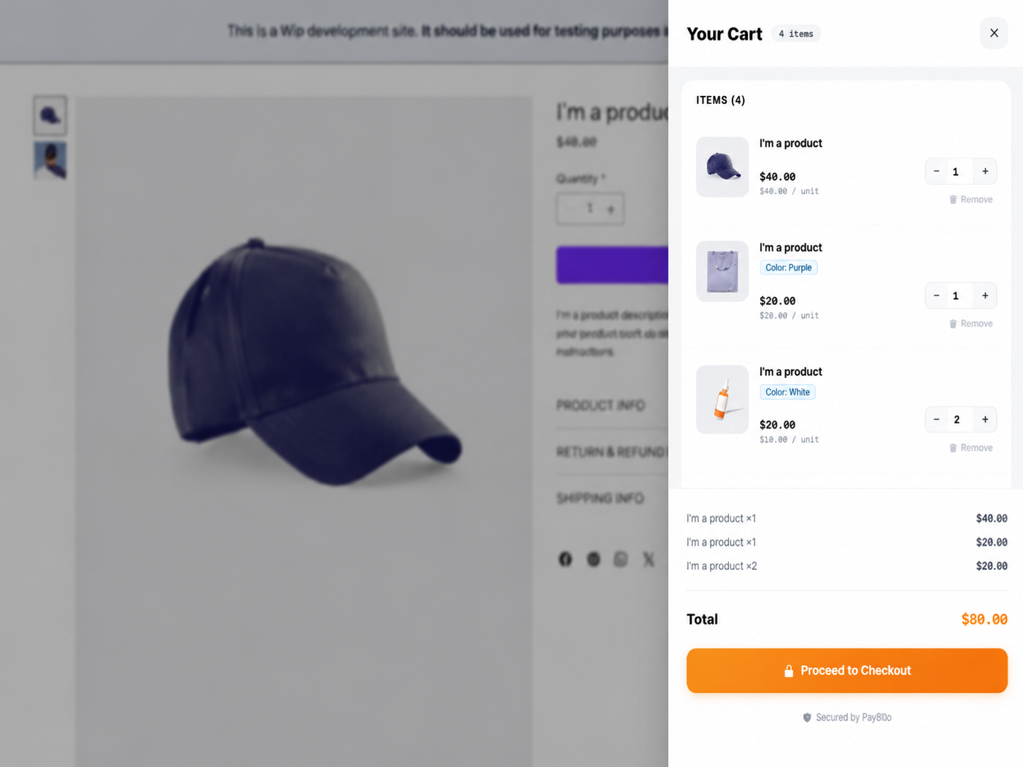 PayBito cart panel showing items, quantities and order total