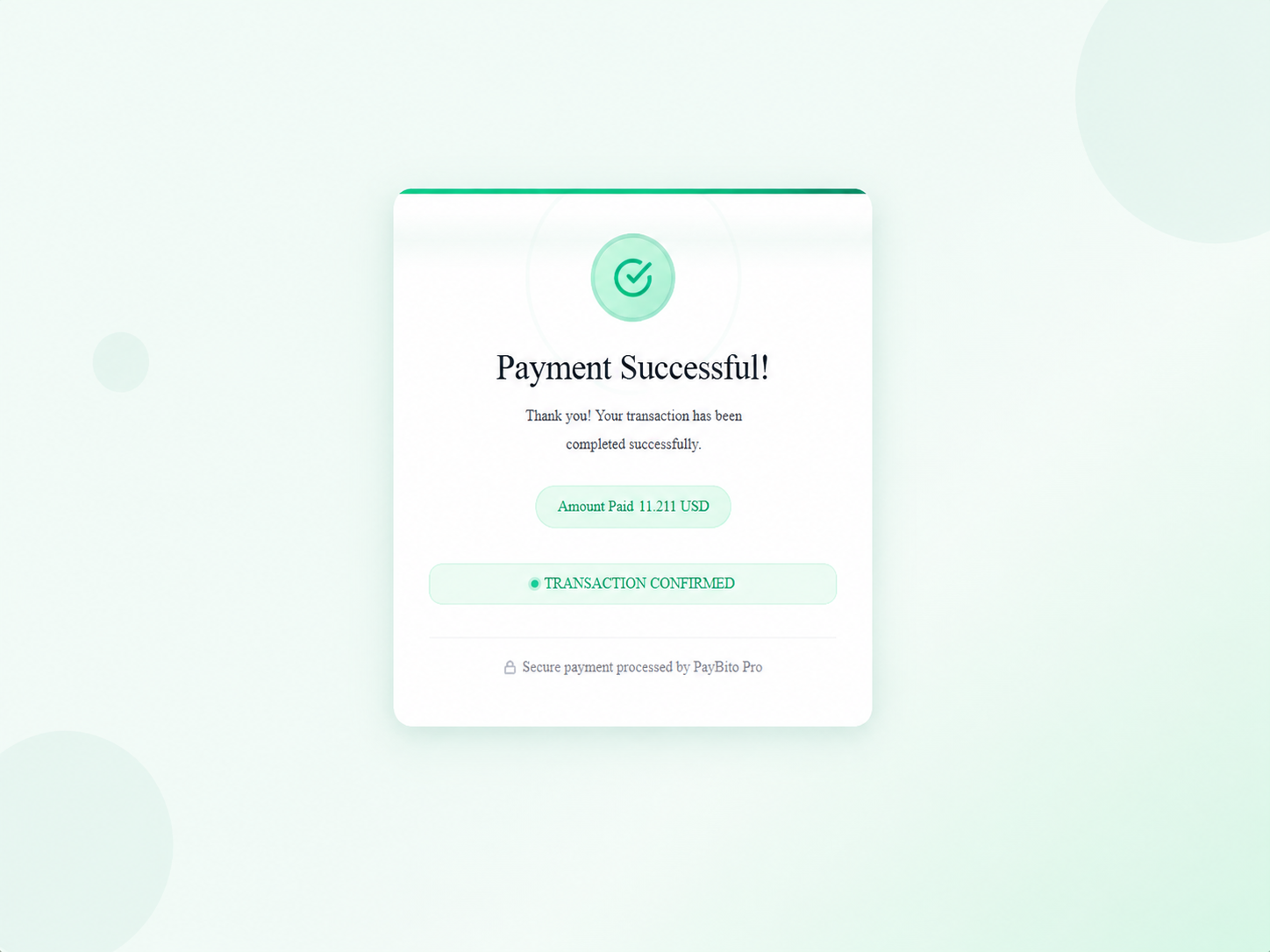 PayBito payment successful confirmation screen