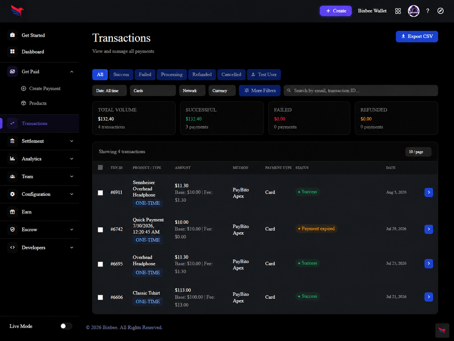 PayBito dashboard Transactions view with CSV export