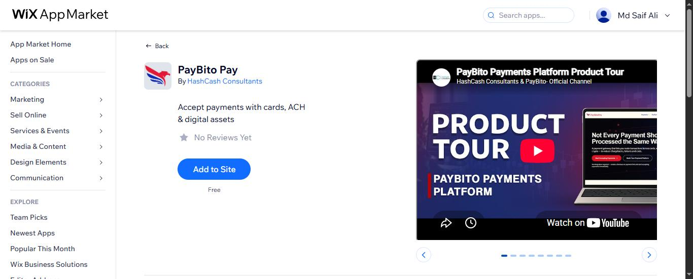 PayBito Pay listing in the Wix App Market with the Add to Site button