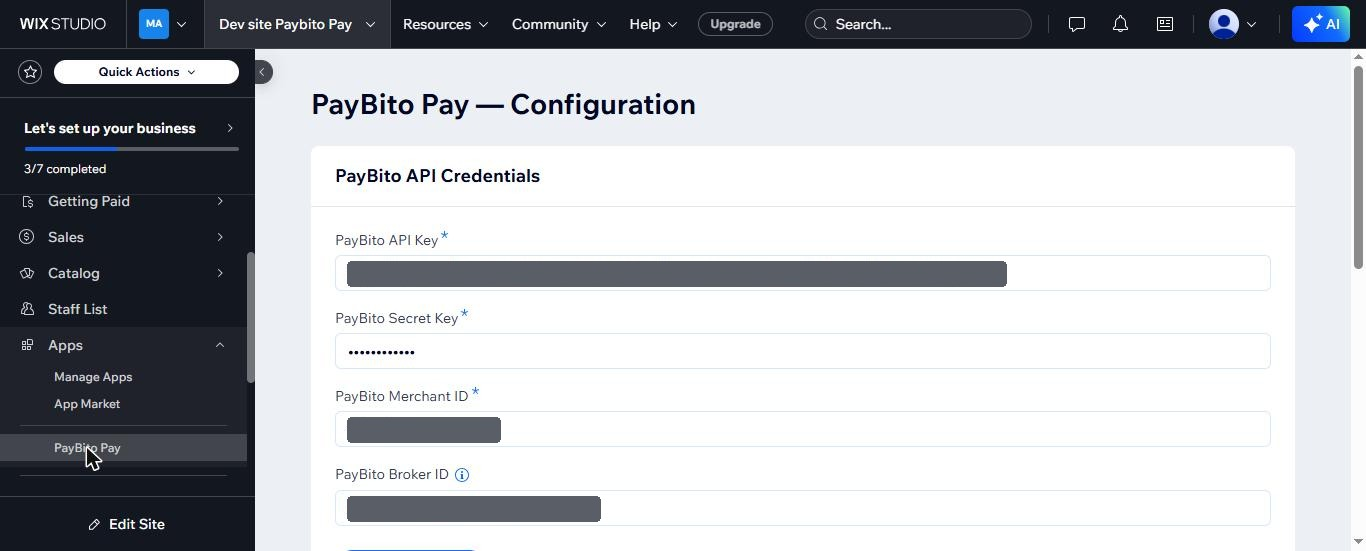 PayBito Pay configuration panel in the Wix dashboard, reached from Apps then PayBito Pay