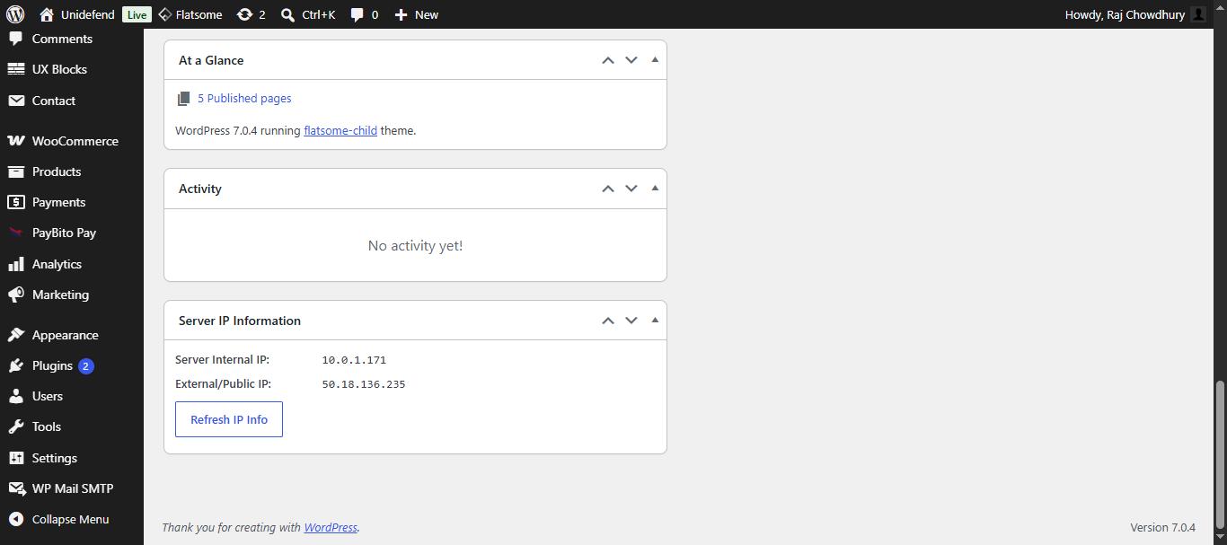Server IP Information widget on the WordPress dashboard