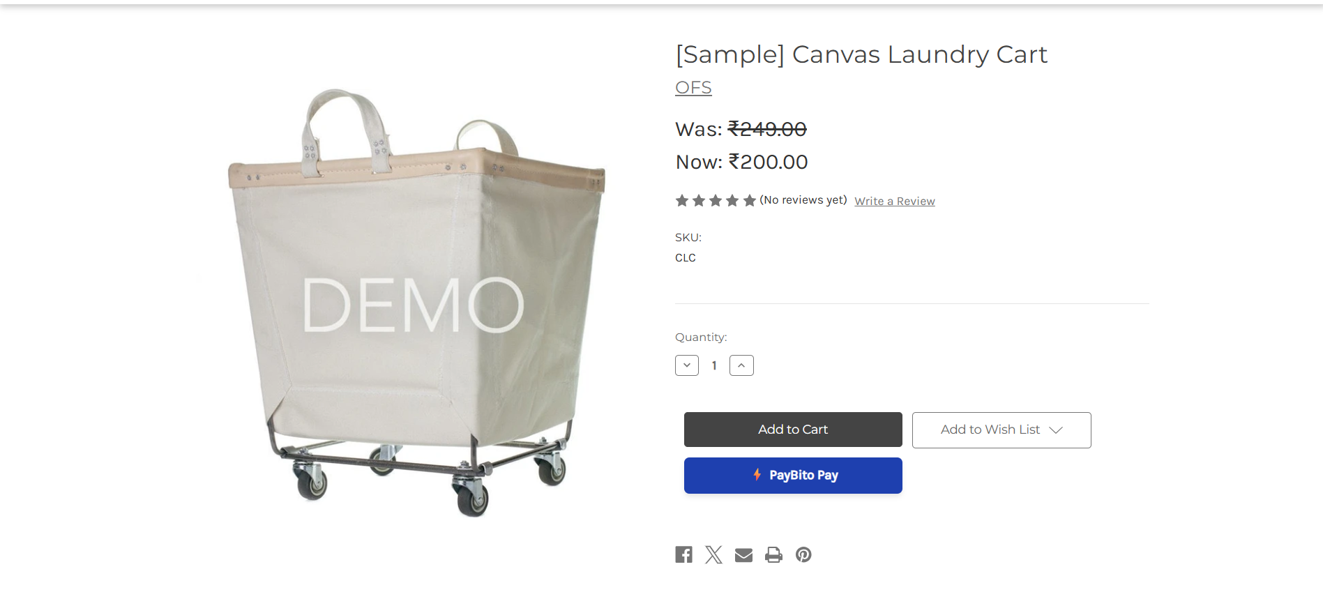 BigCommerce product detail page showing the native Add to Cart button with the PayBito Pay button directly below it