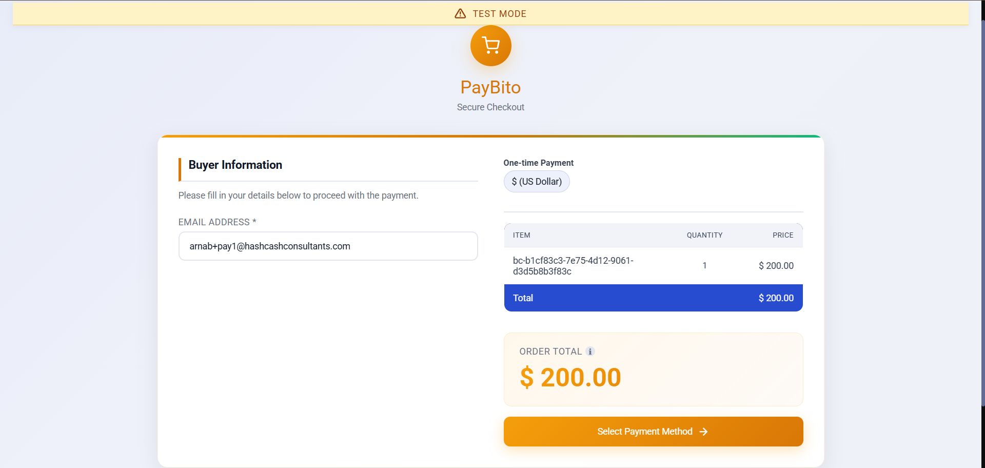 PayBito Secure Checkout showing Buyer Information, the line item, order total and Select Payment Method button