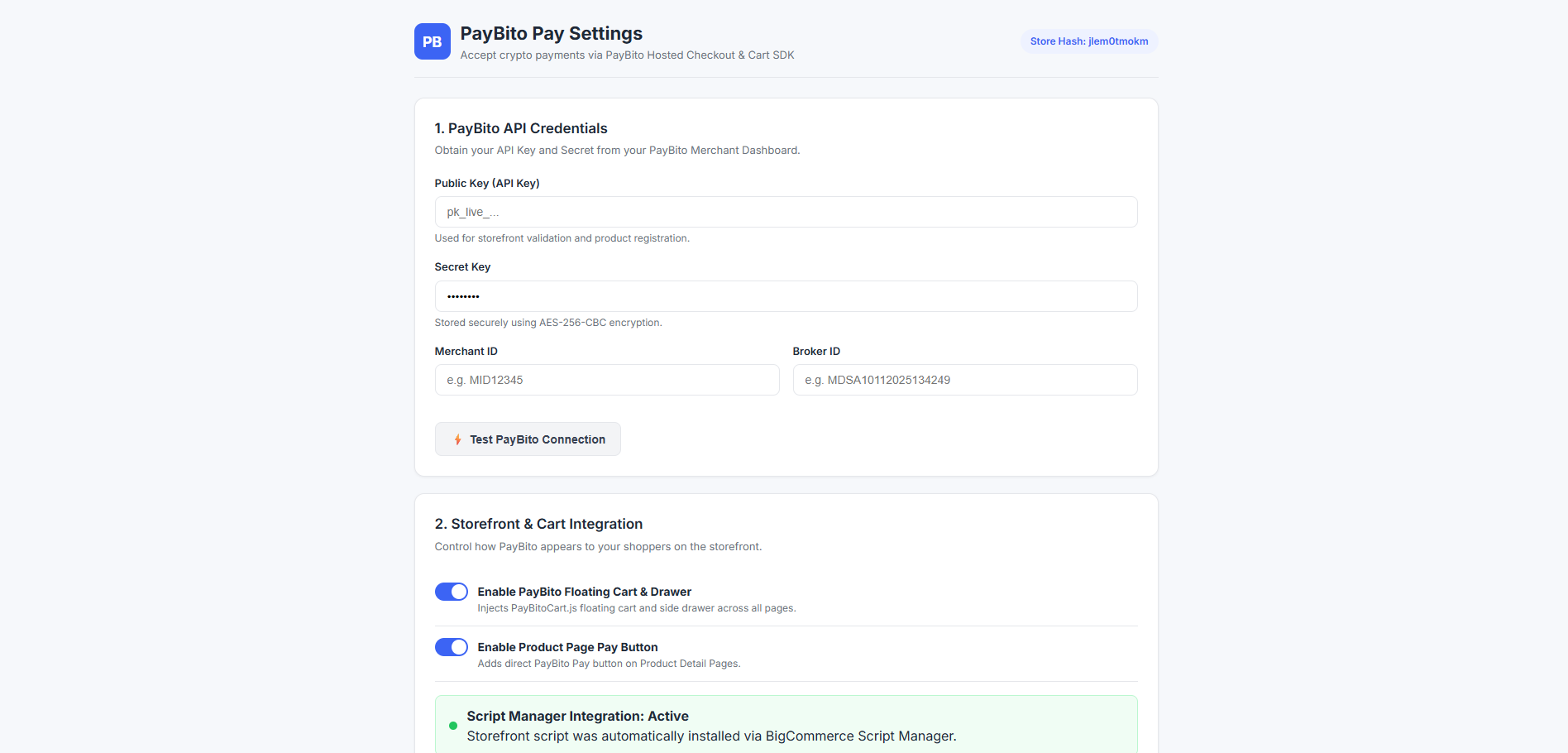PayBito Pay Settings screen embedded in the BigCommerce control panel showing the API credentials card and storefront toggles
