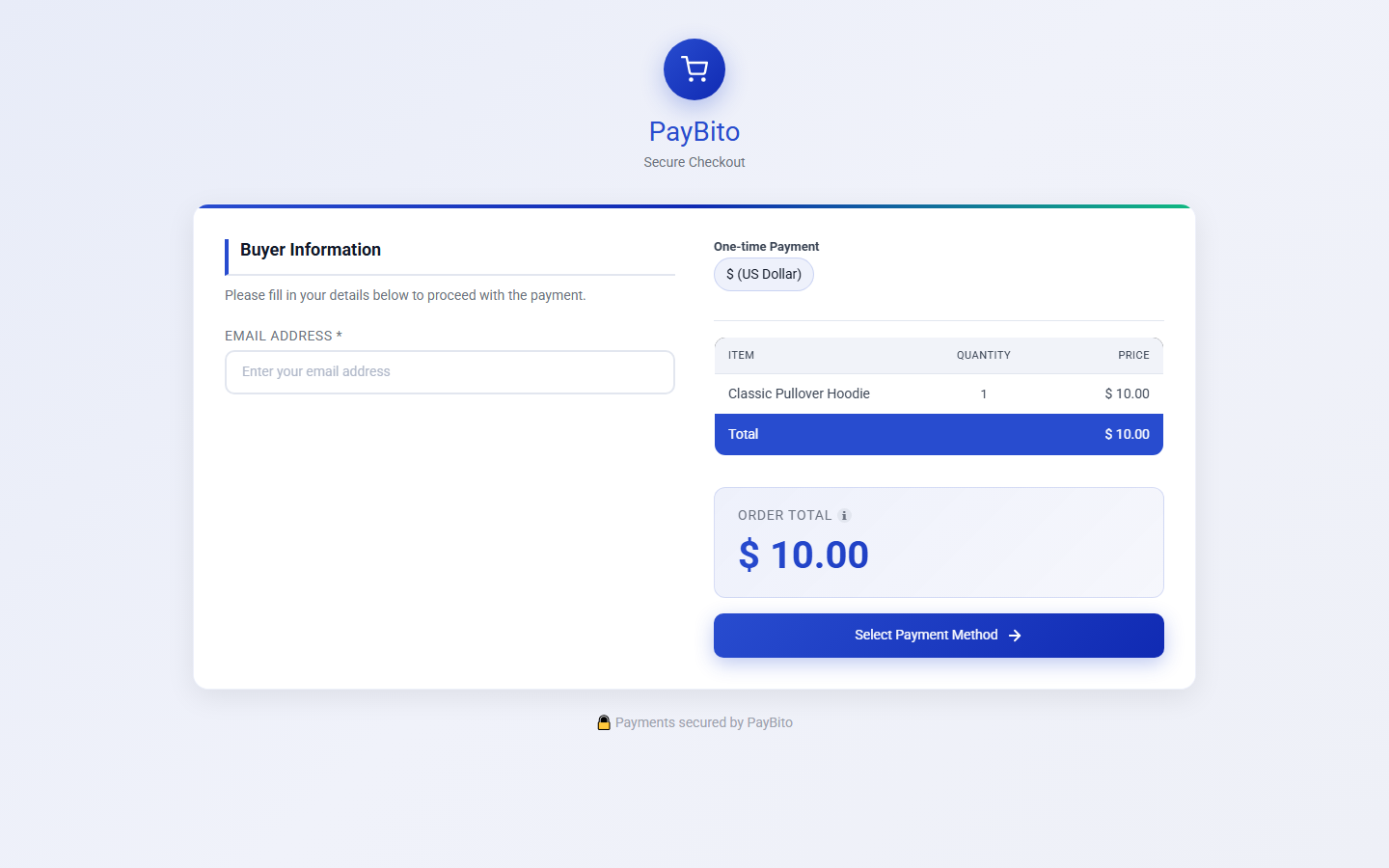 PayBito Secure Checkout showing buyer information and the order summary for a Shopify cart